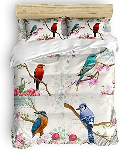 PartyShow 4 Piece Bed Sets Full, Colorful Bird Spring Floral Branches Splicing Bedroom Comforters Cover Bed Sheet with 2 PC Pillowcases for Girls/Boys/Bedroom, Retro Letter Postage Stamp