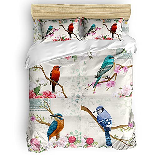 Partyshow 4 Piece Bed Sets Full, Colorful Bird Spring Floral Branches Splicing Bedroom Comforters Cover Bed Sheet With 2 Pc Pillowcases For Girls/Boys/Bedroom, Retro Letter Postage Stamp #TOP1