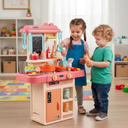 Image of Kitchen Play Set for Kids with Running Water Sink, Steam Cooking Stove, Sound & Light Effects, Refrigerator Storage, Writing Board, 42 Accessories Pretend Play Cooking Toy for Boys & Girls