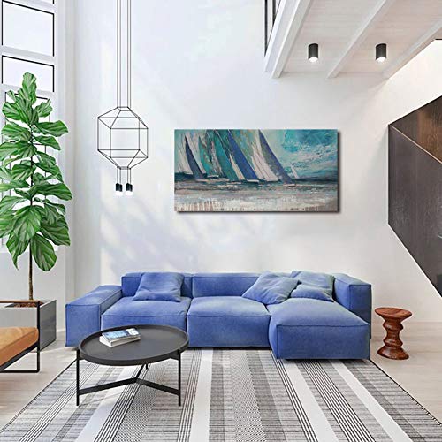 Arjun Blue Abstract Wall Art Canvas for Living Room Teal Ocean Sailboat Textured Bedroom Picture Modern Turquoise Coastal Nautical Painting Framed Artwork Home Office Wall Decor, Extra Large 58"x29" - Image 6