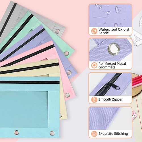Image of Lanpn Pencil Pouch for 3 Ring Binder 72 Pack, Pastel Binder Pen Bags Bulk with Zipper, Aesthetic 3 Holes Pencil Holder Organizer for Boy Girl Kids School Student, Reinforced Grommets & Clear Window