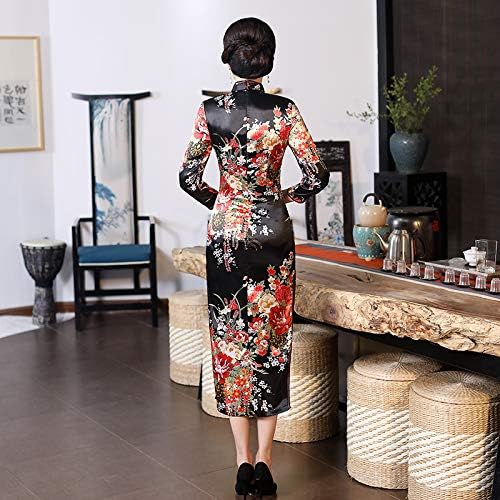 Abo Tradizionale Blu Navy Cinese Da Donna In Raso Di Seta Cheongsam Qipao Abo Estivo Manica Lunga Fiore S M L XL XXL 3XL 4XL - Foto 5