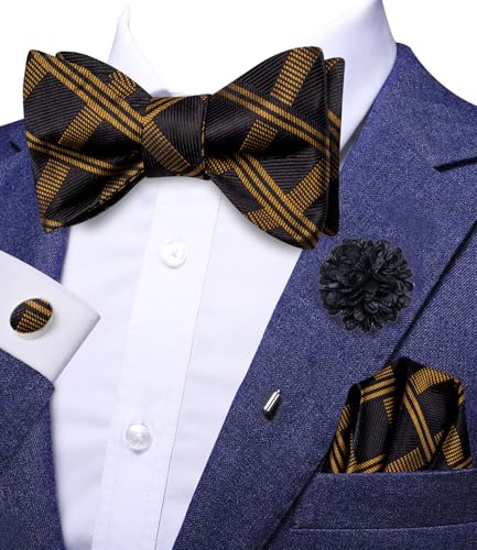 Image of Dubulle Self Tie Bow Ties and Lapel Pin for Men Paisley Solid Mens Bowtie and Handkerchief Cufflinks Set Wedding