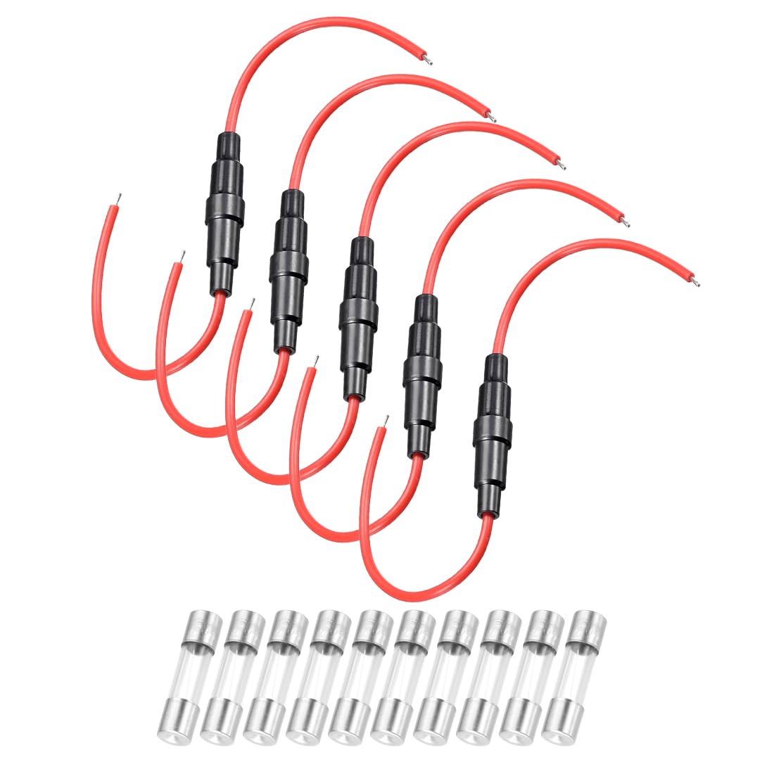 sourcing map 5 Pcs 5x20mm Inline Screw Type Fuse Holder 18 Gauge AWG Red Wire with 10 Pcs 5A Fast Blow Glass Fuses