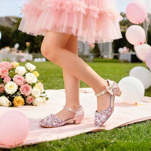 Image of Motasha Sparkly Girls Dress Shoes Kids High Heels Toddler to Big Kid | Glitter Closed Toe, Rhinestone Bow Straps, Hook-and-Loop Closure, Low Heel, Anti-Slip Outsole for Wedding Birthday Parties