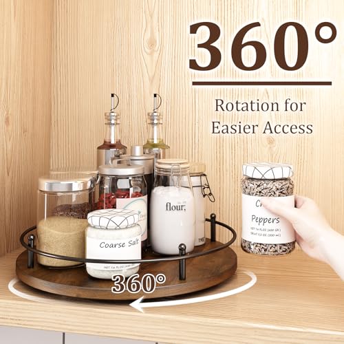Image of 12 inch Lazy Susan Turntable Organizer,Round Wooden Lazy Susan Organization and Rotating Spice Rack for Dining Table,Pantry,Kitchen Countertop,Vanity,Cupboard and More.Vintage Wood(Round)