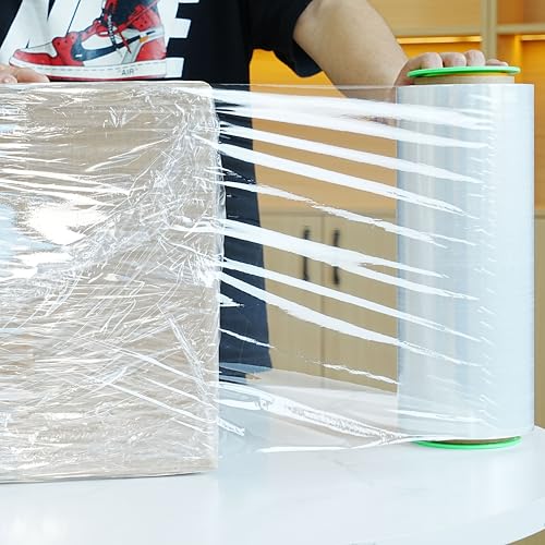 Image of 2 Pack Clear Stretch Film Industrial Strength 12'' x 1000 feet 80 Gauge with Plastic Handle, Clear Wrapping Shrink, Durable Self-Adhering Plastic Wrap for Moving, Shipping CHUANGSEED
