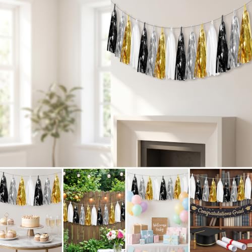Image of 4P Black Gold Silver Foil Fringe Metallic Tassel Garland, Tassels Banner Streamers for Parade Floats, Bachelorette, Wedding, Birthday, Halloween, Christmas, Bridal /Baby Shower Party Decorations
