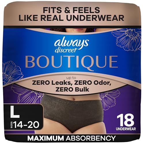 Image of Always Discreet Boutique Incontinence and Postpartum Underwear for Women, Maximum Protection, Large, Black, 18 Count