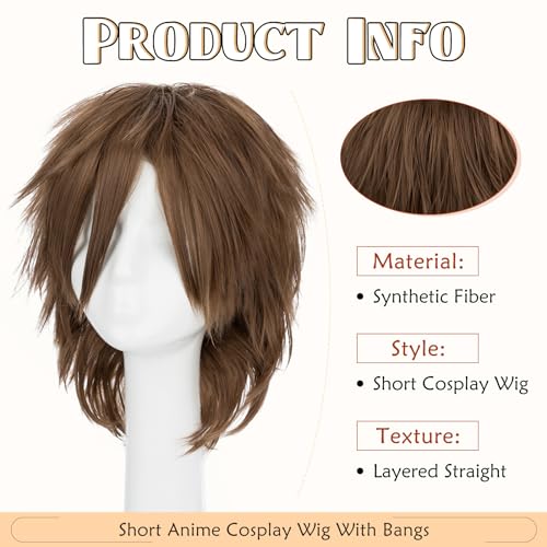 Image of S-noilite Unisex Short Brown Cosplay Wig Women Men's Anime Costume Full Wigs Short Fluffy Layered Pixie Wig Synthetic Hair for Halloween Costume Comic-con Party (Light Brown)