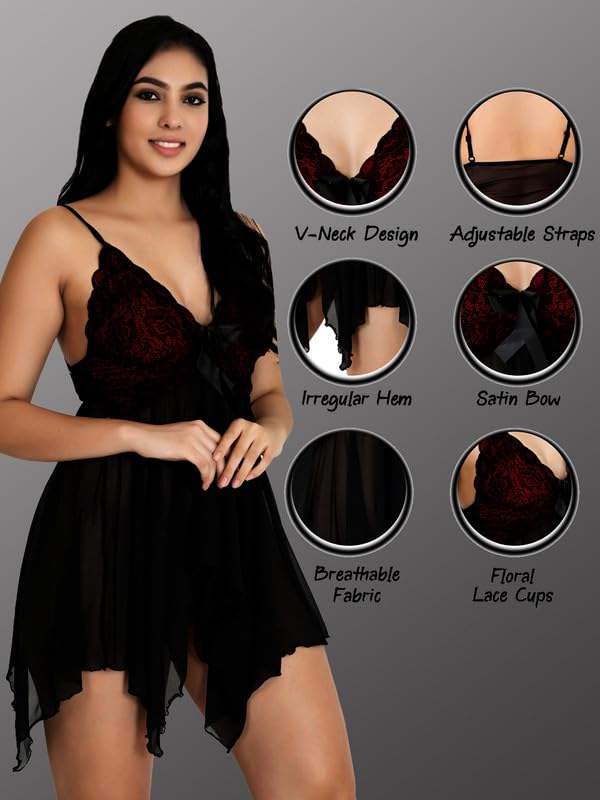 Image of Babydoll Lace Nighty with Adjustable Straps Above Knee V Neck S-3XL
