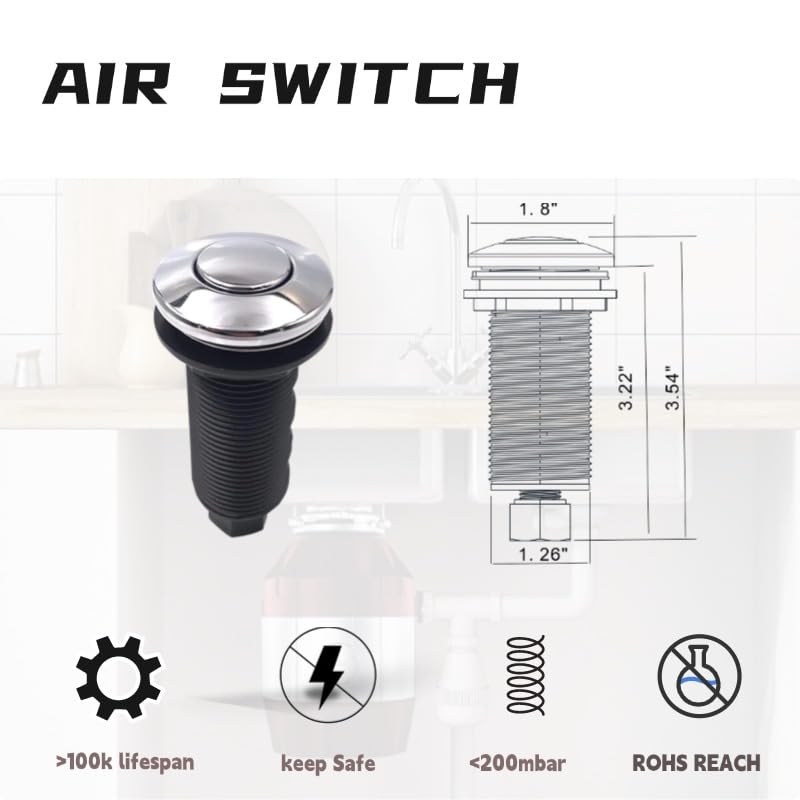 Sink Top Garbage Disposal Air Switch Button, Brushed Stainless Steel, with 6 Ft Air Hose, Chrome Plated 3.6" Long On/Off, Push Button with Brass Cover, Compatible with All Power Modules