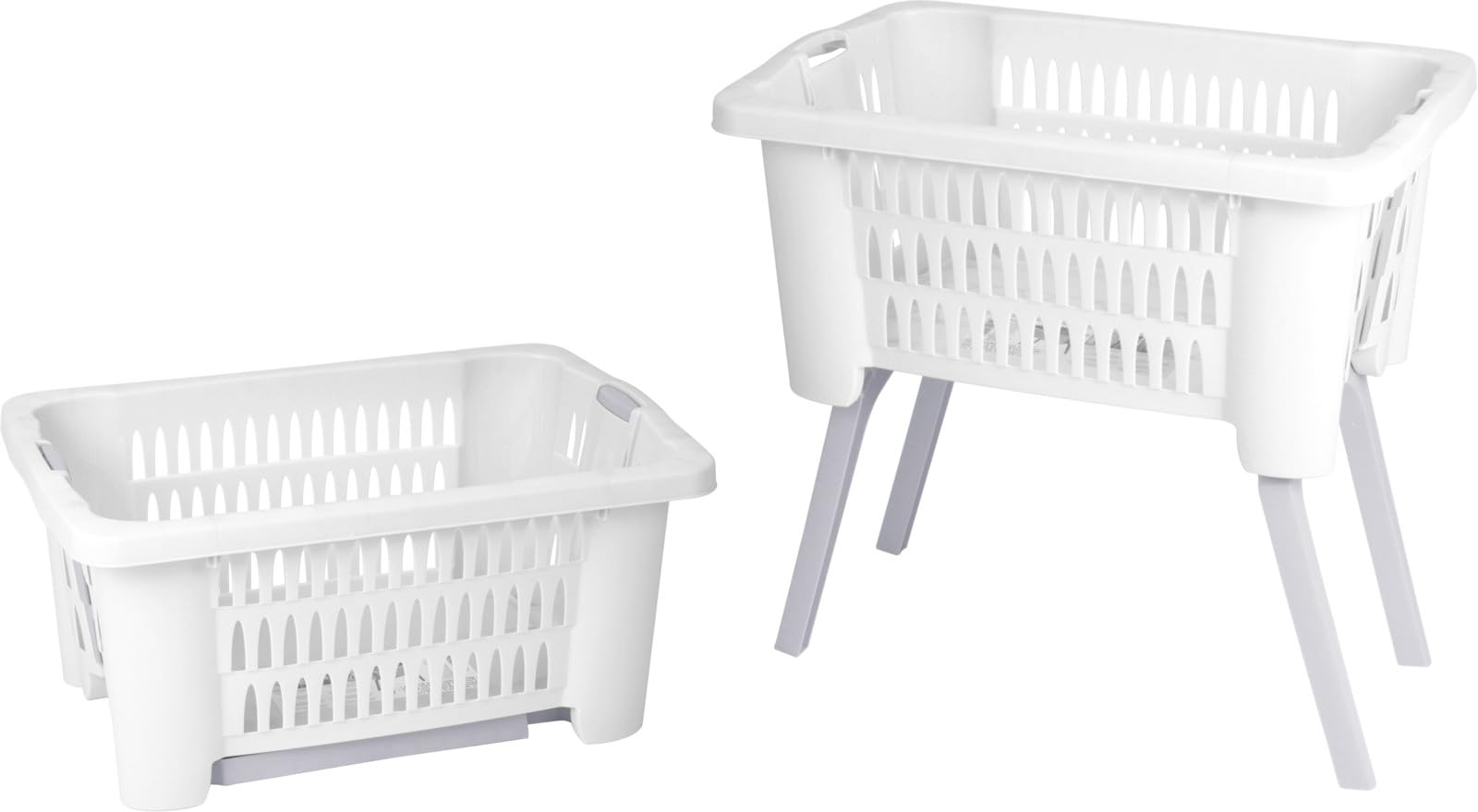 White Plastic Laundry Basket with Folding Legs - Large Rectangular Washing Clothes Storage Hamper