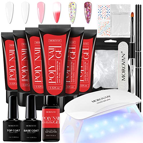 Morovan Poly Gel Nail Kit Poly Extension Gel Nail Kit With Temperature Color/Glitter Extension Gel and Nail Lamp Slip Solution All-in-one French Complete Builder Gel for Beginner