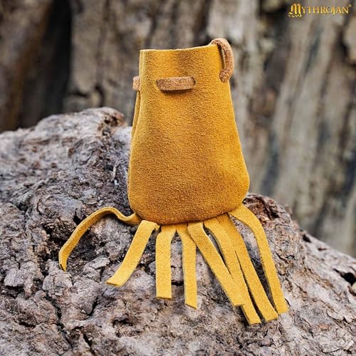 Image of Mythrojan Small Trinket Pouches Suede Leather Drawstring Coin & Dice Bags for LARP, SCA, Viking & Medieval Events Yellow- pack of 4