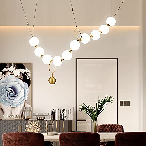 Cekuxps Postmodern Pearl Necklace Glass Ball Chandelier-10 Lights; Milk White Glass Ball Bubble Chandelier Lighting Adjustable Led For Living Room Bedroom Diningroom Bar (Warm White) #TOP1