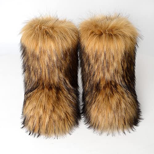 Women's Faux Fur Boots Furry Mid Calf Fur Boots Comfortable Outdoor Flat Shoes Winter Warm Plush Surface Snow Boots4