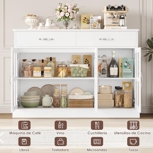 Miniatura 7 de Firfurd Aparador Cocina Con 3 Puertas De Cristal, Aparador Comedor, Vitrina Salón, Muebles De Salón, Vitrinas Expositora, 2 Cajones, Estantes Ajustables, Madera Y Cristal, Blanco, 120x40x84cm