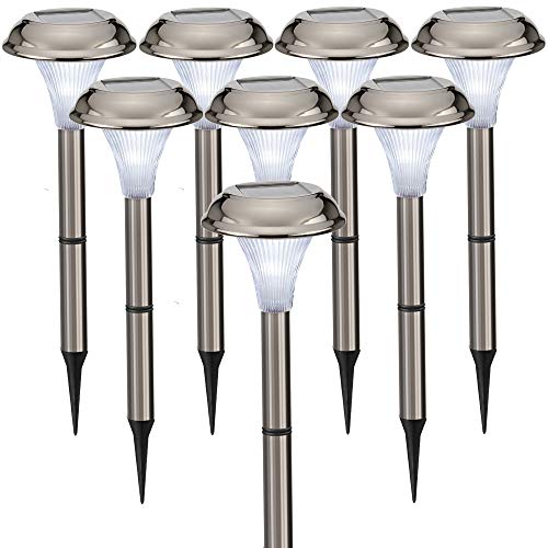 Farolillos solares de jardín - Juego de 8 luces. Metal de cromo negro satinado. Transforma tus espacios al aire libre, caminos, maceteros, vallas; fácil de instalar sin cables