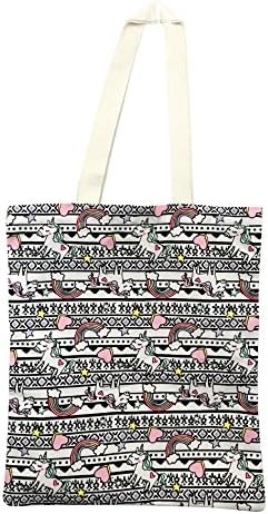 Adeley Cute Pink Medium Unicorn Rainbow Reusable Canvas Shoulder Handbag Tote Bag for Women Kids