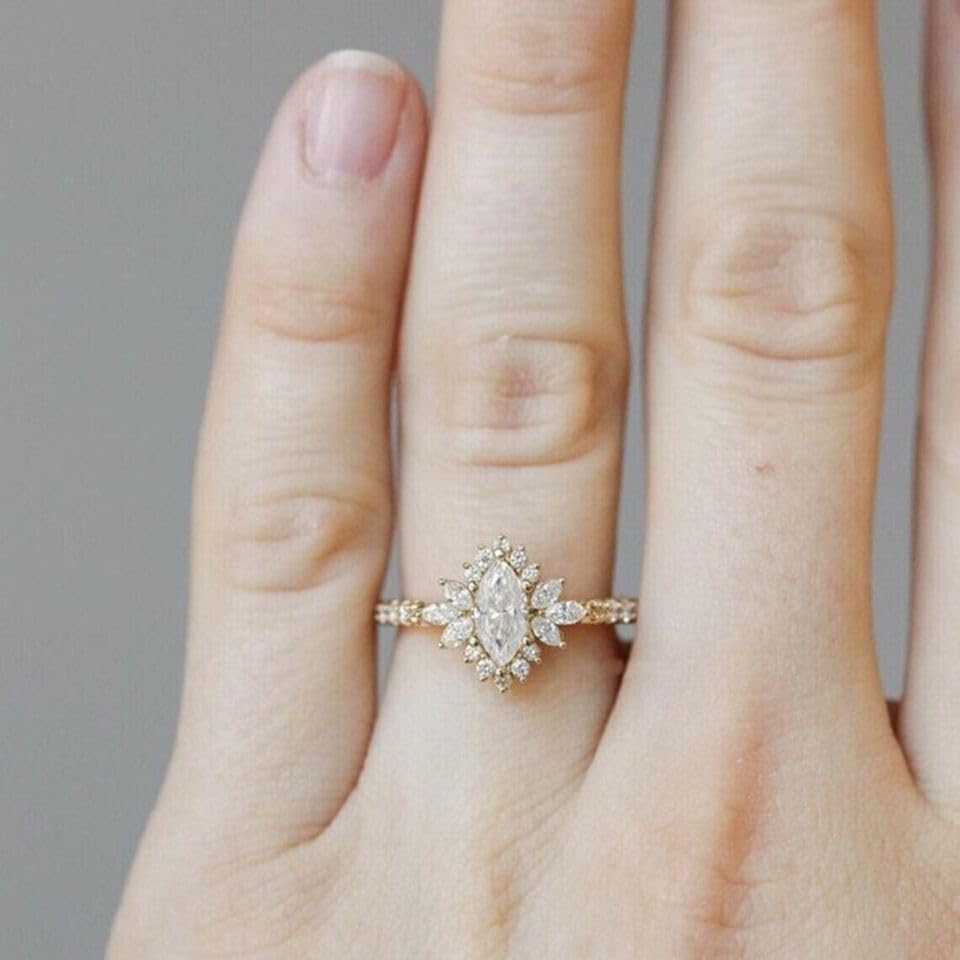 2 Ct Marquise Cut Diamond Nature Inspire Floral Solitaire Vintage Style Engagement Rings For Women 14K Gold Plated 925 Sterling Silver Handmade Delicate Wedding Ring Gift For Her2