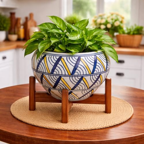 Image of Niyara Hand-Painted Ceramic Flower Pot | Blue & Yellow Geometric Bowl Planter | Decorative Indoor Outdoor Plant Pot for Home, Table & Balcony Decor