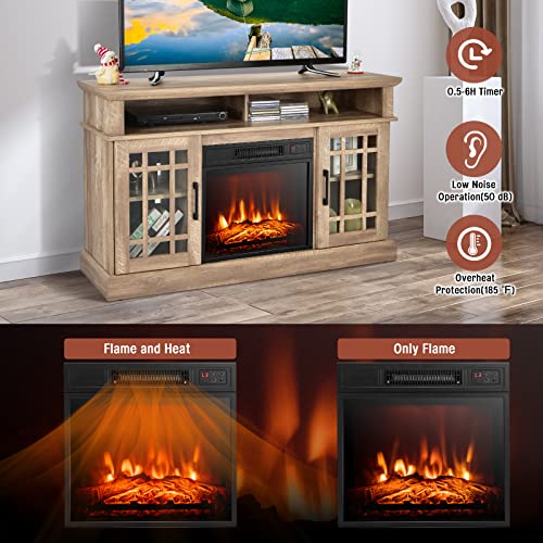 Goflame Fireplace Tv Stand For Tv Up To 55 Inches, Freestanding Wood Entertainment Center With 18” Electric Fireplace, 48" Tv Console Table With 2 Open Storage Compartments And 2-Door Cabinet, Natural #TOP3
