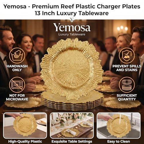 Yemosa 24 Pack Gold Charger Plates, 13inch Reef Chargers for Dinner Plates, Plastic Charger Plates with Round Ruffled Rim Decorative Dinner Tableware for Wedding, Party, Event Table Decor by Yemosa - Used condition - Image 3
