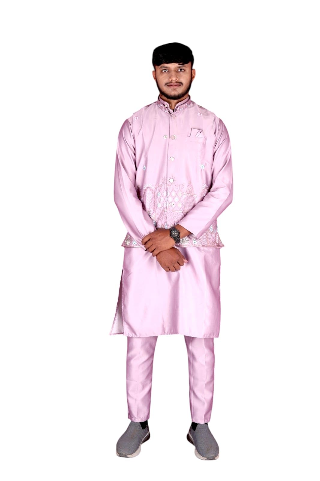 Pink Men's Formal Suit with Pinstriped Design and Cap-picture-38