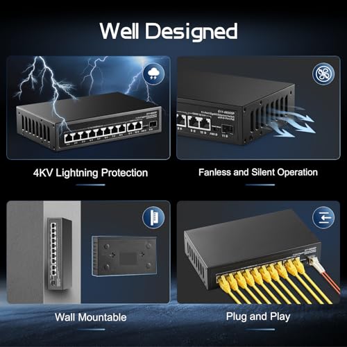 Image of 11 Port Gigabit POE Switch, 8 POE+ 1000Mbps, 2 Gigabit Uplink, 1 Gigabit SFP, IEEE802.3af /at, 135W Power Supply, Metal Case Unmanaged Plug and Play Binardat Ethernet Switch