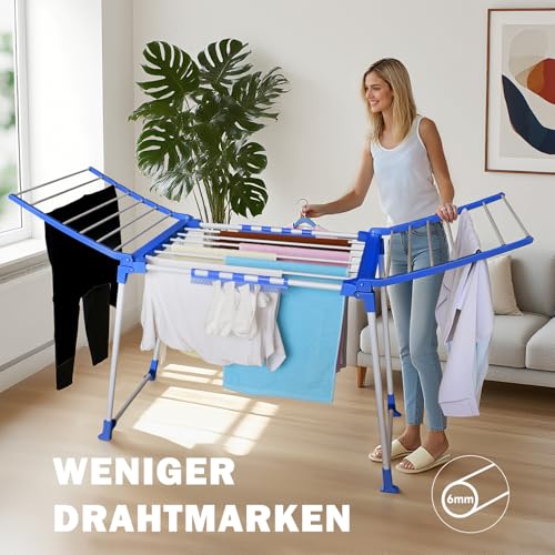 Hazeatte Wäscheständer Blau mit stabilem Stand, Wäscheständer für Lange Wäsche, Flügelwäschetrockner für platzsparende Aufbewahrung,Eco-Verpackung