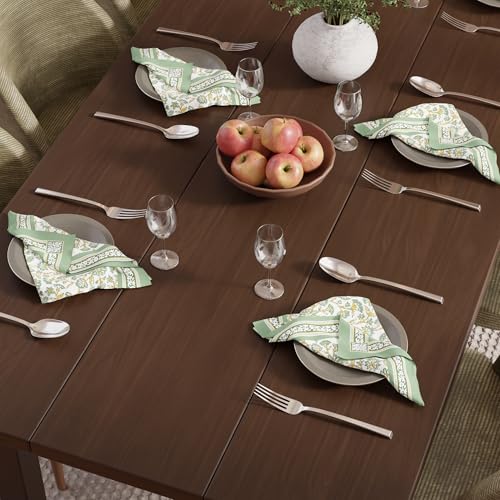 Image of Encasa XO Dining Table Napkins Set of 6 | Sage-02 Block Printed Cotton Canvas Cloth Napkin - 45x45 cm | Jaipur Sanganeri Hand Print