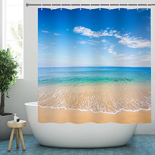 YISURE Duschvorhang Ozean Strand Meer 180x180, blau Welle Seesterne Duschvorhänge badewanne Textil Polyestergewebe Schimmelresistent mit 12 Metallösen, Breite 180 x Höhe 180cm