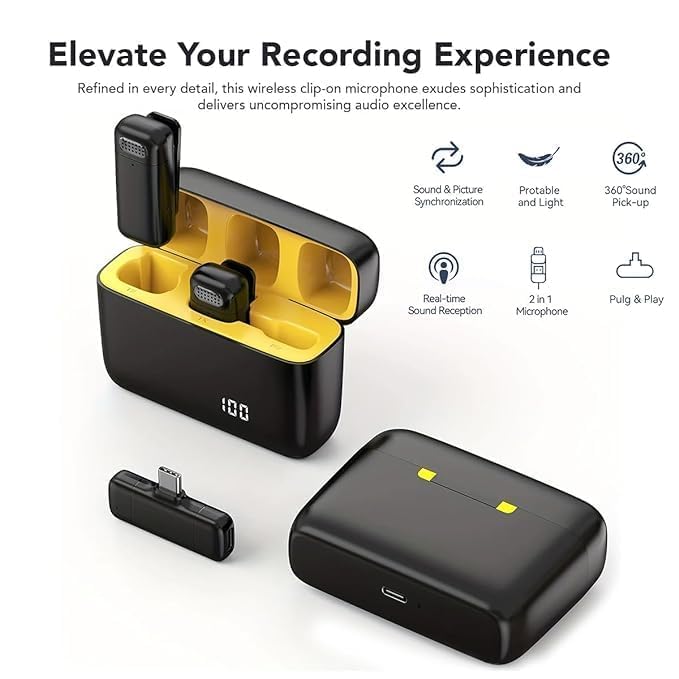 Image of Omnidirectional Wireless Lavalier Microphone for Android /iPhone 3 in 1 Collar Mic with USB-C & Lightning Plug | Rechargeable Wireless Mini Portable Bluetooth Speaker with Microphone (Yellow-K13)