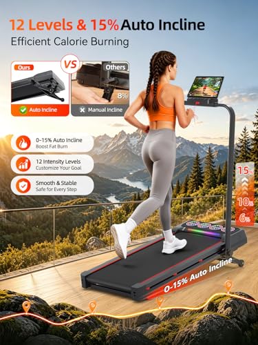 Image of Walking Pad Treadmill with 15% 12-Level Auto Incline& Handle Bar, Ecogou 3.5HP Quiet Under Desk Treadmill,450 lbs Capacity UI Screen & Remote Control, Compact Treadmills for Home Hiking