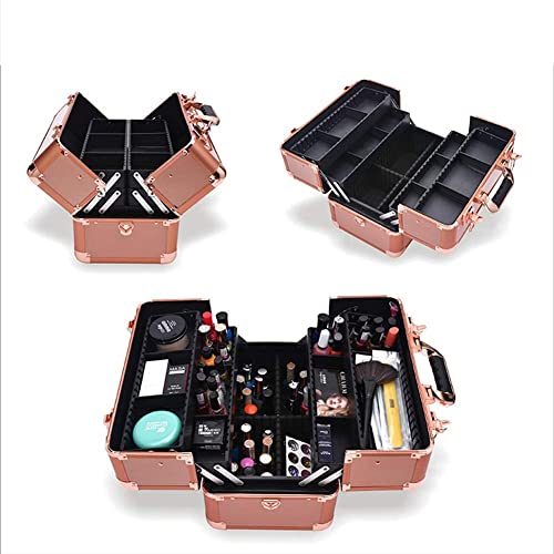 Image of Adson Professional Makeup Box Cosmetics Case Jewelry Organiser Vanity Make Up Storage Box Beauty Train Case Lockable with Keys (Simple Sober Rose Gold)