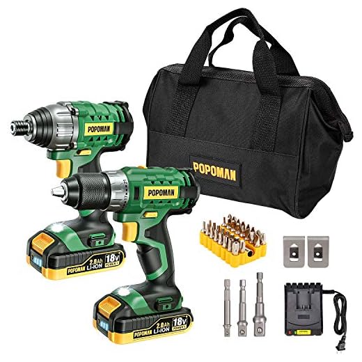 Taladro atornillador, POPOMAN 18V taladro inalámbrico de 45Nm, Atornillador de Impacto 180Nm, 2x 2000mAh Baterías, Cargador Rápido, LED, 38pcs Accesorios, Bolsa de fibra -BHD600B