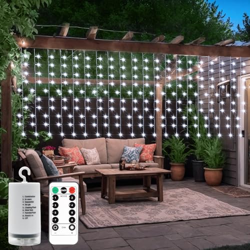 Image of 4M x 1M 200 LED Battery Curtain Lights Outdoor with Remote 8 Modes Timer