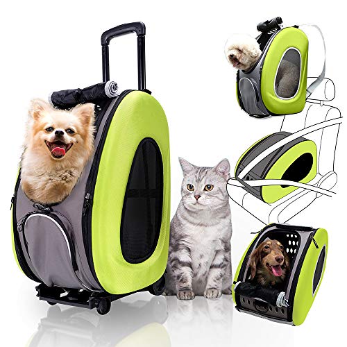 Ibiyaya 4 in 1 Pet Carrier + Backpack + CarSeat + Carriers on Wheels for Dogs and Cats (Green)