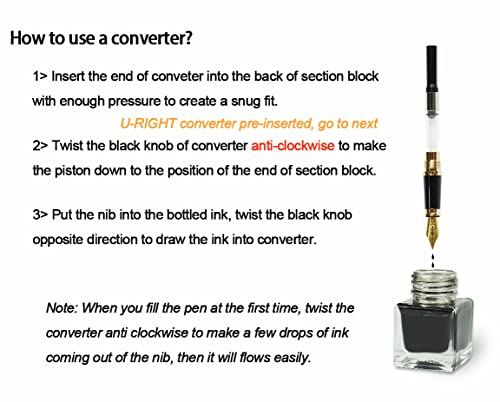 U-Right Luxury Glossy Black Fountain Pen With Converter, 18K Gilded Iridium Fine Nib Classic Pen For Gift, Smooth Flow Consistent Writing, Metal Box Packed #TOP2