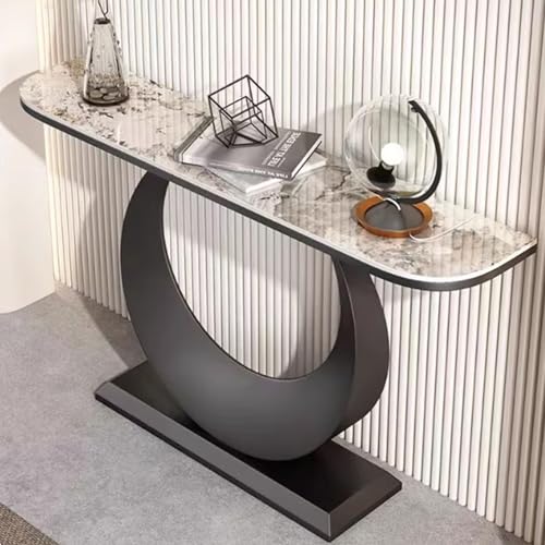 Moderna mesa consola de entrada, mesa de sofá semicircular de 47.2 pulgadas para sala de estar y pasillo, elegante diseño negro y marrón, perfecto para la entrada del hogar y soluciones de