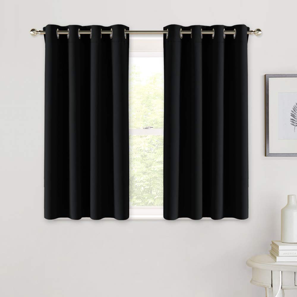 PONY DANCE Small Blackout Thermal Curtain with Eyelet Energy Saving Room Darkening Window Treatments Halloween Decoration for Kitchen/Bathroom/Bedroom, 2 Pcs, Wide 52-Inch by Drop 45-Inch, Black