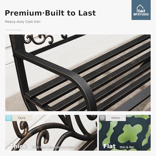 image for MFSTUDIO 50 Inches Outdoor Garden Bench, Cast Iron Metal Frame Patio P