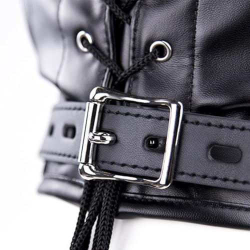 Image of FST Black Leather Bondage Hood,Full Face Blinder Detachable Cover Eye Dildo Mouth Gag Head Hood, for Unisex Adult Play