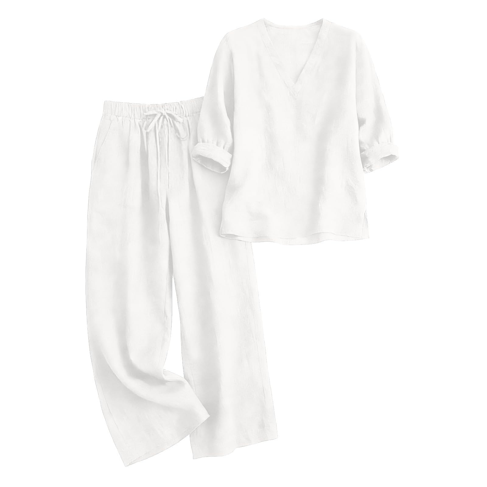 Completi Lino Donna Estivi 2 Pezzi Camicia E Pantaloni Cotone Tuta Elegante Taglie Forti Completo Estiva Curvy Tute Casual Set Leggera Larghi Completi Per L’estate Vacanza Tinta Unita Sportiva