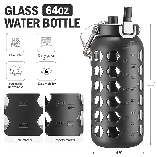 MUKOKO 64oz Glass Water Bottles with Straw and Lid,Half Gallon Water Bottle with Time Marker,Large Glass Water Jug with Silicone Sleeve and Stainless Steel Handle-Black - Image 4