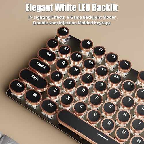 Image of Typewriter Style Mechanical Gaming Keyboard White LED Backlit 104-Key NKRO White Switches Retro Round Keycaps Golden Ring Volume Knob Metal Panel Wired USB-C Detachable Cable, Black