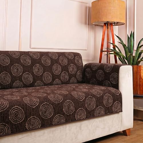 Image of STITCHNEST 'Opulence Series' Floral Woven Sofa Cover for 2 Seater | Premium Soft Fabric Sofa Protector | Brown Circular Pattern with Tassel Edge Finish | Durable Living Room Furniture Cover