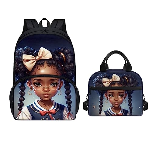 HUIACONG Preppy Afro Girls Backpack Elementary School Bookbag with Lunch Box,Large Middle School Bag 5th Grade/ 6th Grade,Teen Kids Book Bag Colleage Student Lunch Bag Set