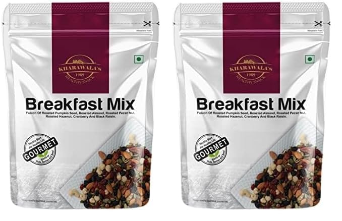 Image of KHARAWALA'S Breakfast Mix Value Pack - 600gm | Fusion of Roasted Pumkin Seed, Almond, Pecan Nuts, Hazelnut, Cranberry and Black Raisins (Pack of 2)